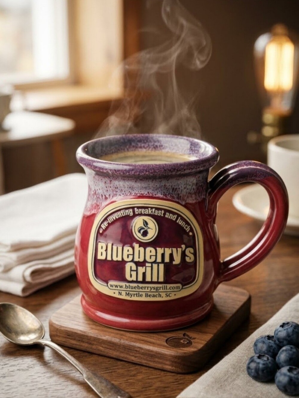 Deneen Pottery Blueberry's Grill 6oz Mug Drip Glaze N. Myrtle Beach Handmade USA